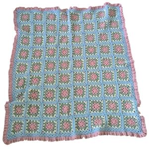 Crocheted Baby Blanket Afghan Handmade Granny Square Pink Blue Green 54x58 Inch